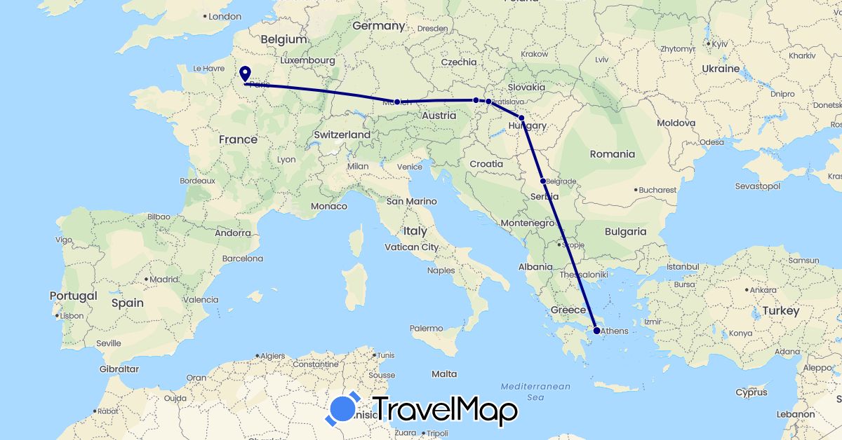 TravelMap itinerary: driving in Austria, Germany, France, Greece, Hungary, Serbia, Slovakia (Europe)